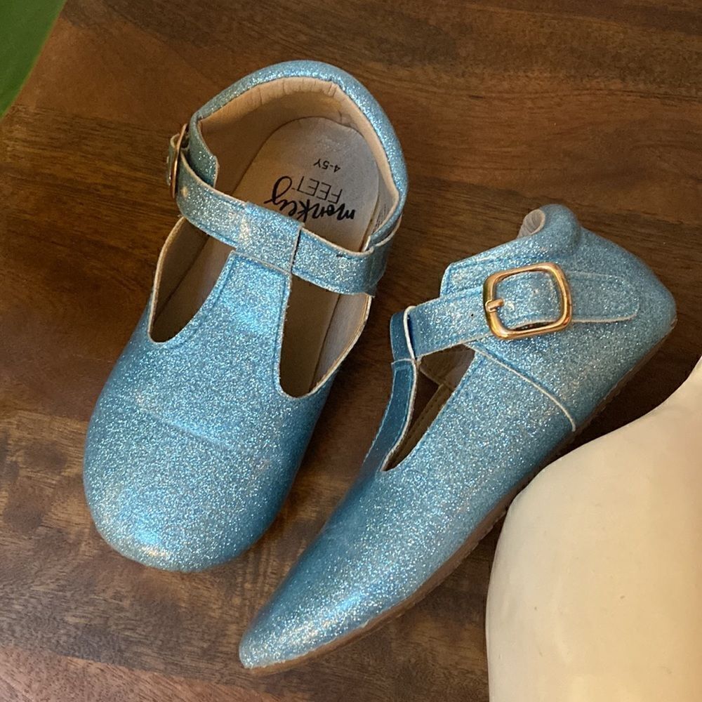 Blue Enchanted Glitter Monkey Feet Girl Shoes 4-5 Y